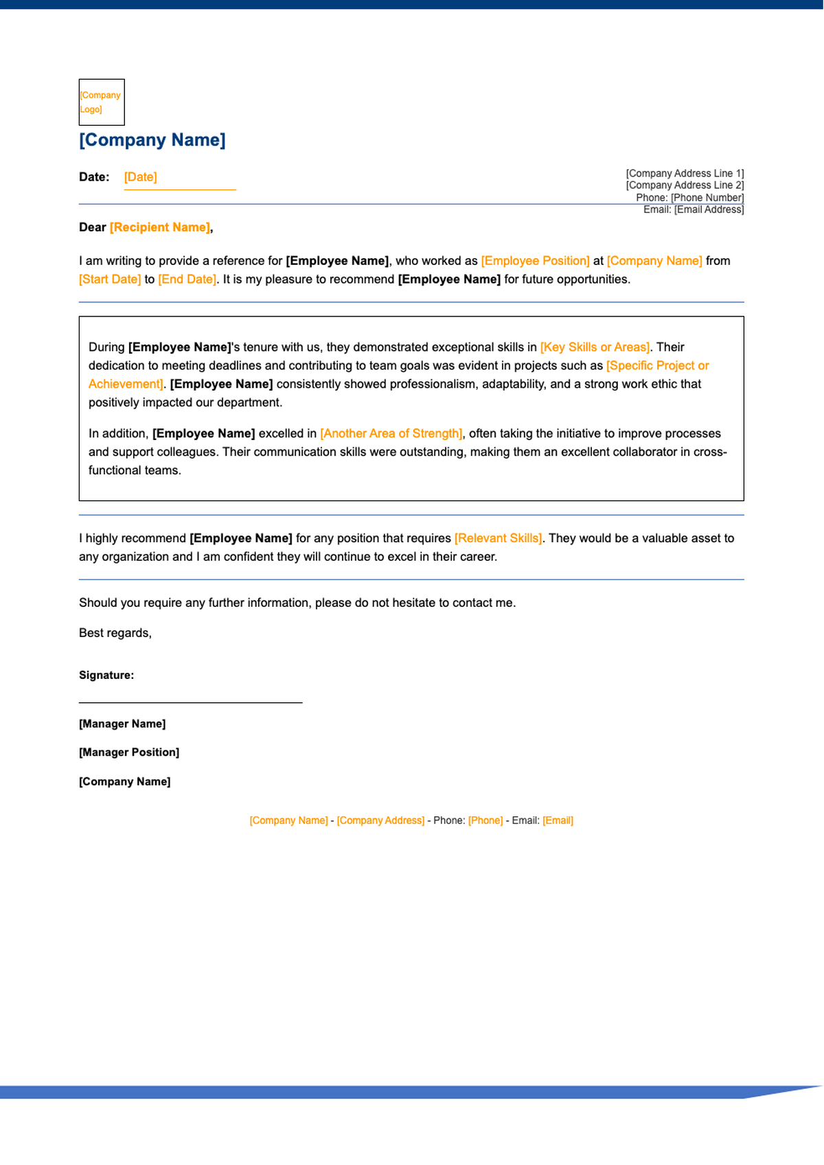Professional recommendation letter template with branded header and annotated sections_variant_1